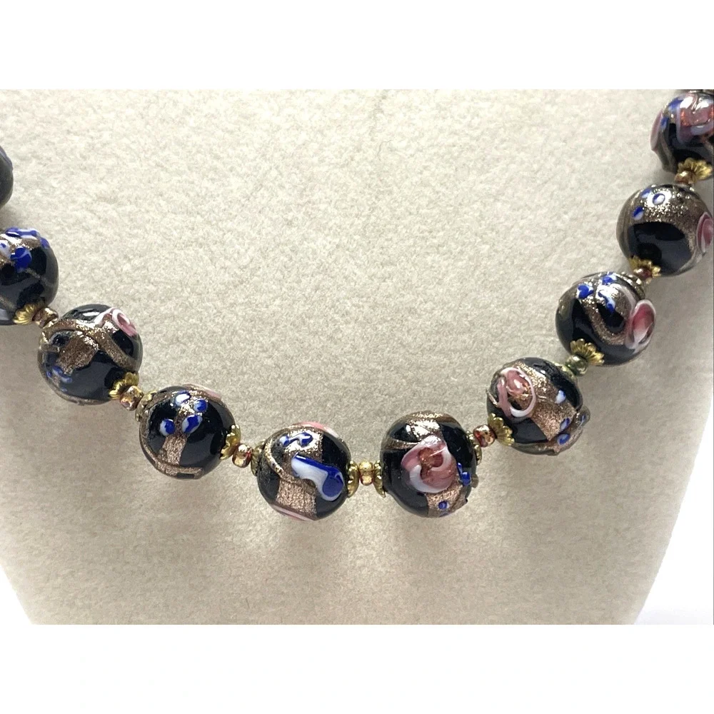 Vintage Venetian Wedding Cake Glass Bead Necklace Black Pink Blue Gold 22 inch